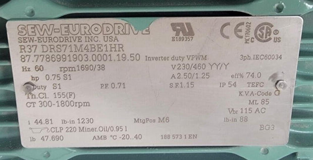 Sew Eurodrive Gearmotor R37 DRS71M4BE1HR 0.75HP 1690RPM