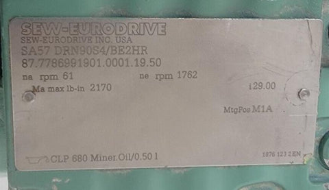 Sew-Eurodrive SA57 DRN90S4/BE2HR Helical Worm Gearmotor 1762RPM 1.5HP