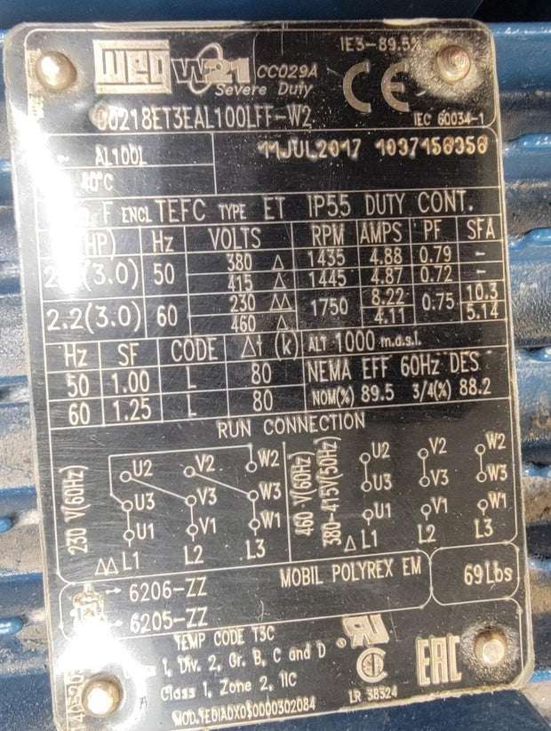 WEG 00218ET3EAL100LFF-W2 W21 Severe Duty Motor, 3HP