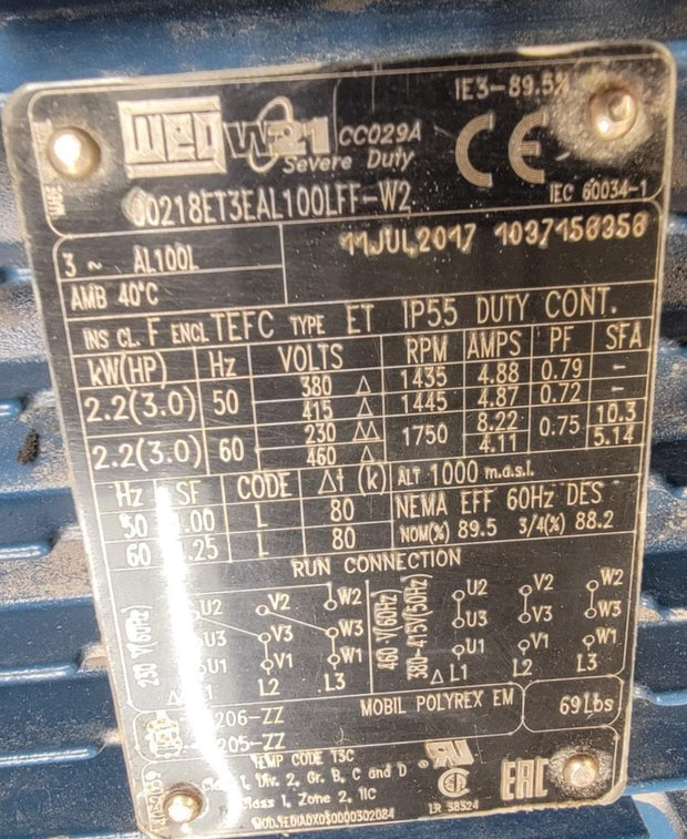WEG 00218ET3EAL100LFF-W2 W21 Severe Duty Motor, 3HP