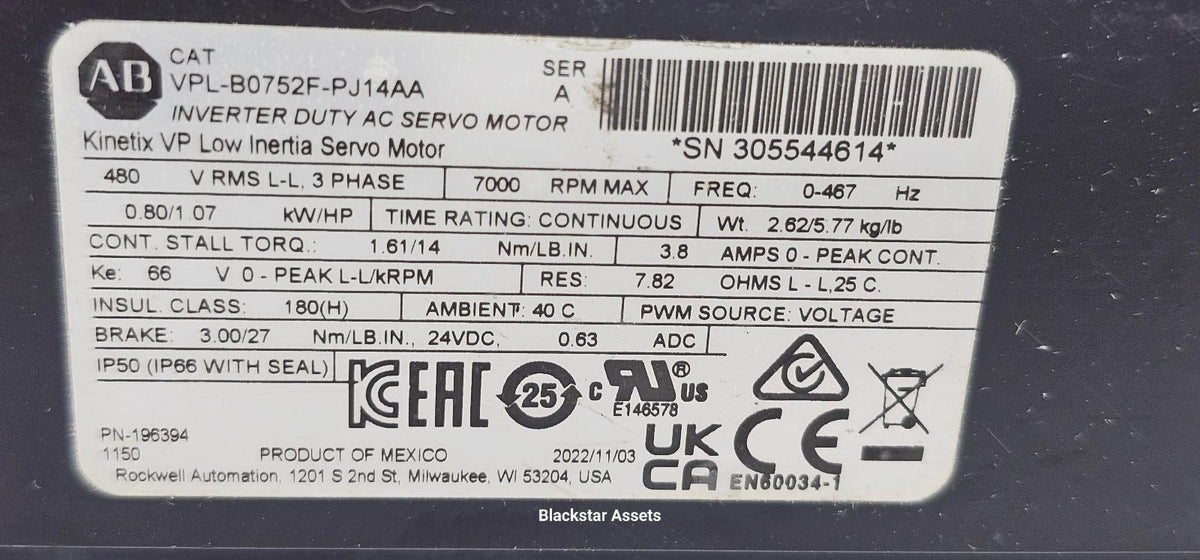Allen Bradley VPL-B0752F-PJ14AA 480VAC Servo Motor 7K RPM Brake, 480V ...