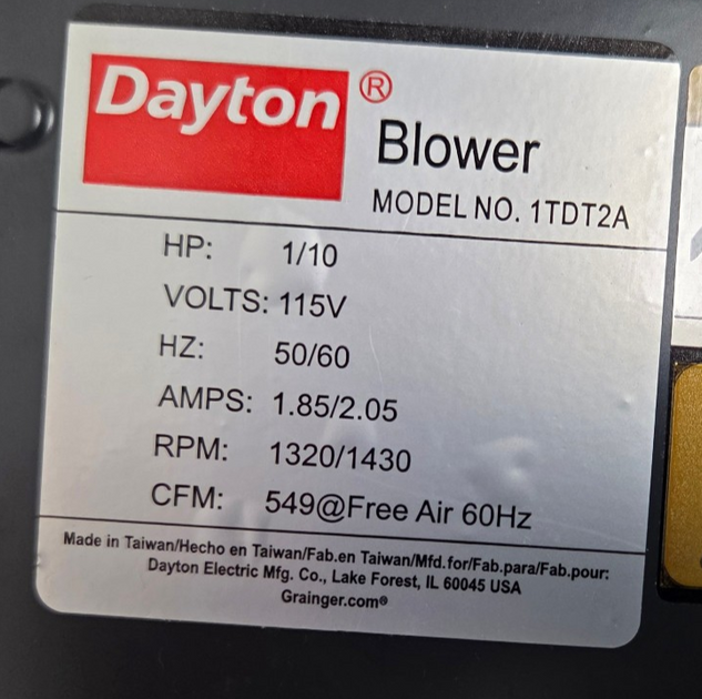New Dayton Blower 1TDT2A, 1/10 HP 115V 50/60Hz 1.85/2.05A 1320/1430 RP ...