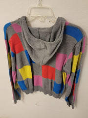 Colorful Cardigan, Long Sleeve, Hooded, Women's Petite Med, Checkered Pattern
