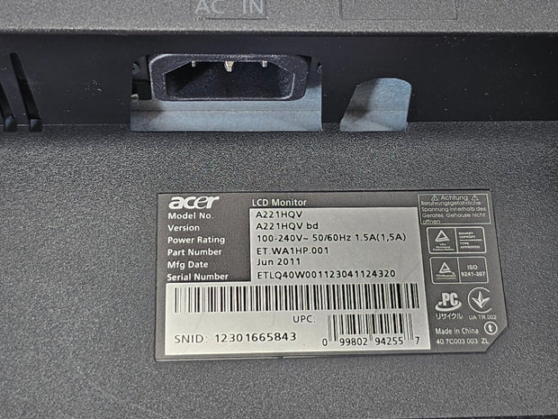 Acer A221HQV 21.5" 5ms 1080p HD Widescreen LCD Flat Panel Monitor VGA/DVi