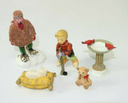 5 Pieces Assorted Christmas Village Figurines Bird Bath Snowshoer Hockey Cat