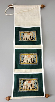 Burmese Wall Hanging Sequin Bejeweled Tapestry w/ Elegant Elephants, Pockets