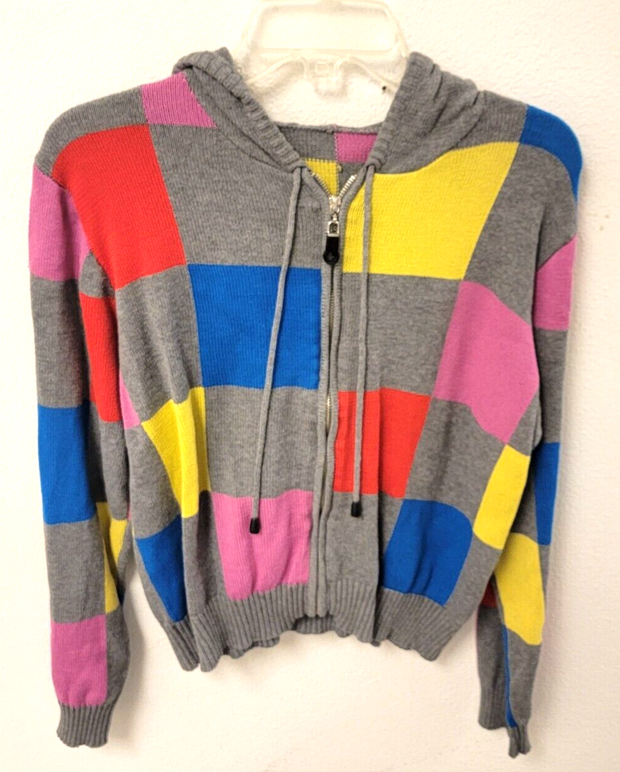 Colorful Cardigan, Long Sleeve, Hooded, Women's Petite Med, Checkered Pattern