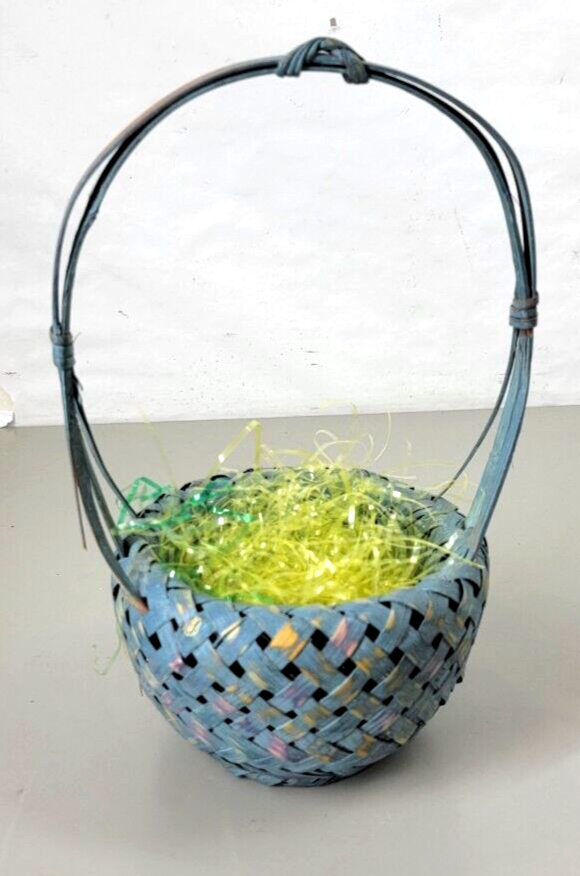 Vintage Bamboo Basket, Easter Colors, Teal, Nice! 10" Tall 5.5"Wide Painted,