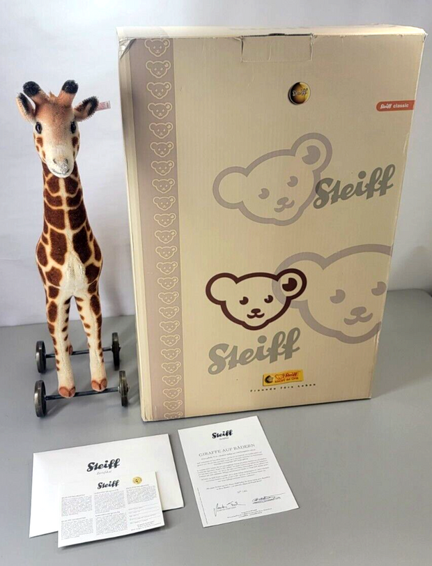 Steiff 24" Brown Flecked Mohair Giraffe On Wheels #036026 W/ COA & Box #140/1000