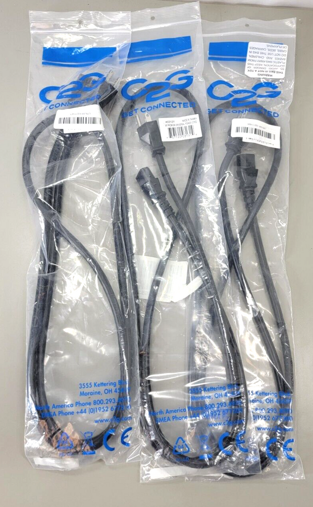 3PCS C2G 03131 Premium Universal Power Cable, 5-15P to C13, 14 AWG, 6ft Black