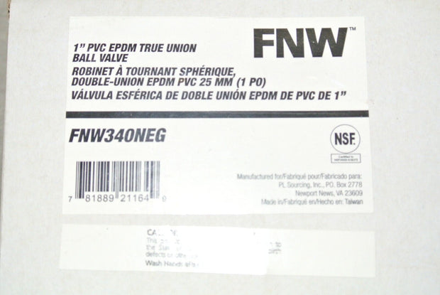 FNW Valve 1" PVC EPDM True Union Ball Valve FNW340NEG
