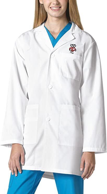 WonderWink Unisex University of Wisconsin Bucky Button Front Lab Coat White - XL