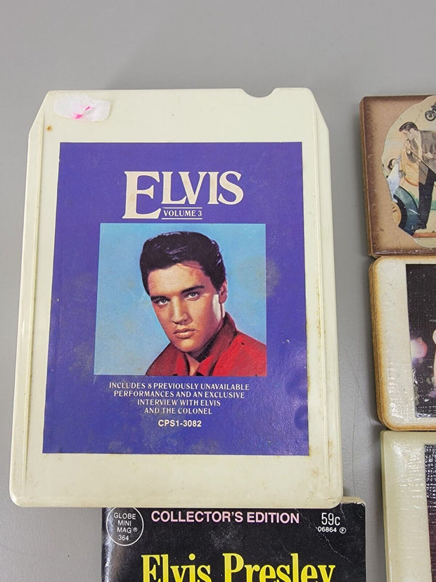 Vintage Lot of Elvis Memorabilia, 8 Track, Magnets, Button, Encyclopedia