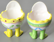 Pair Rare Ceramic Enesco Egg Holder Green & Yellow Springtime Chicken Trinket