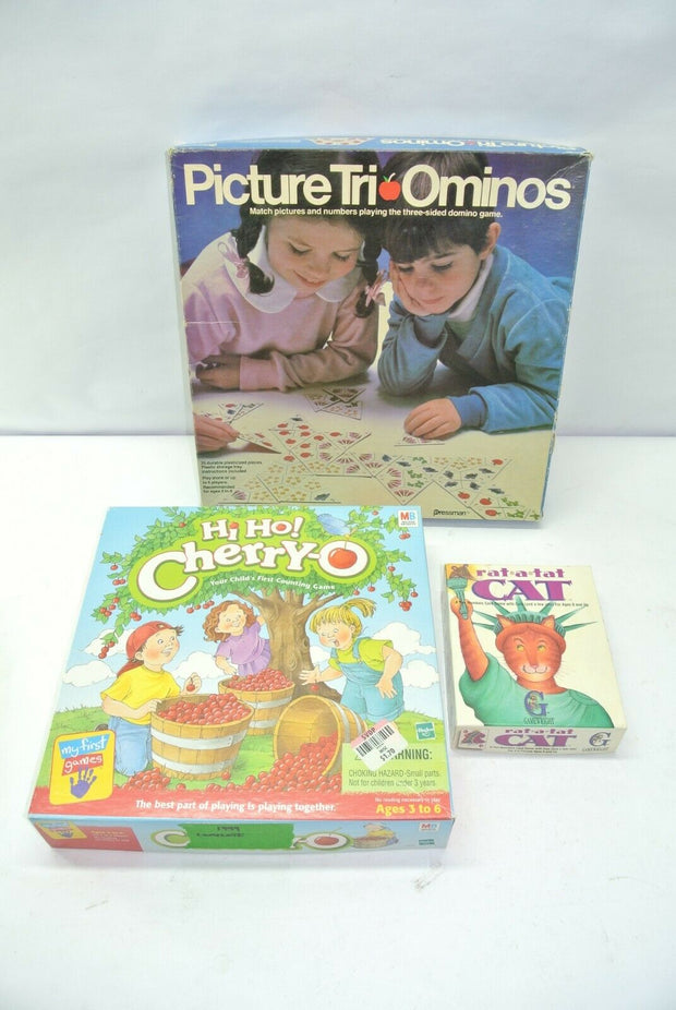 Lot of (3) Children's Games: Picture Tri-Ominos + Hi Ho Cherry-O + Rat-A-Tat Cat