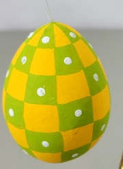 Hand Painted Decorative Jumbo Egg Ornament Checkered Green Yellow Glitter, Nice!