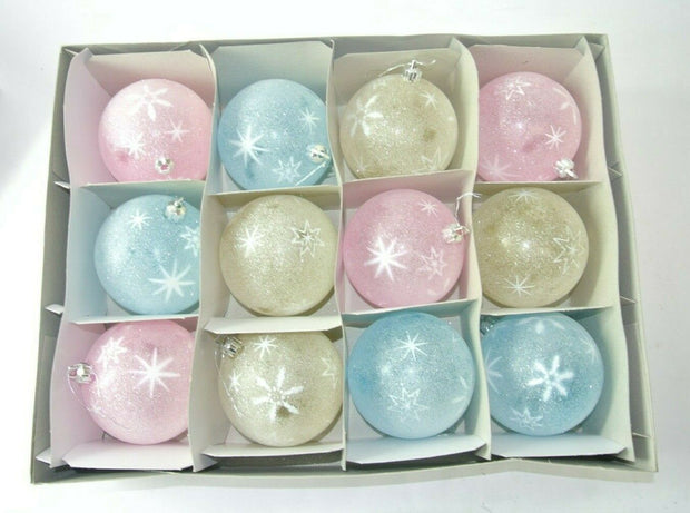 Box of (12) Globe Christmas Tree Ornaments - Blue Pink Yellow Glittery