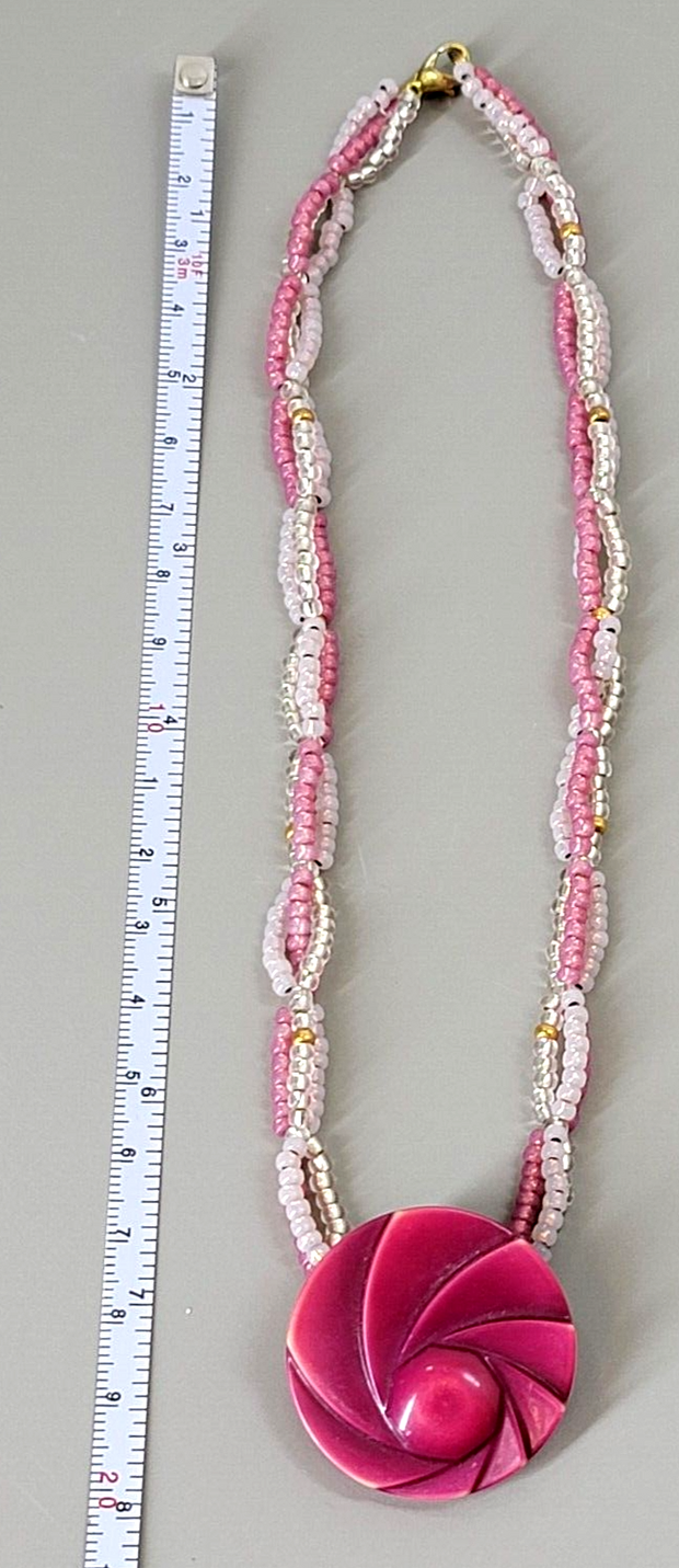 Vintage 3 Strand Pink & White Lace Beaded Pendant Necklace