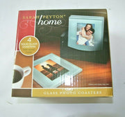 NEW Sarah Peyton Home Set of 4 GLASS PHOTO COASTERS with Wooden Holder 2x3 NIB