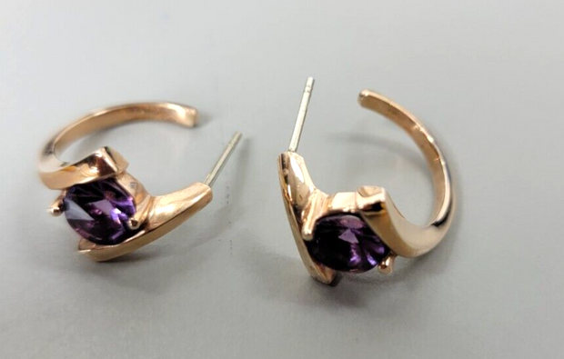 Rose Gold Earrings w/ .75Ct Round Amethyst, 8.476Gr Total Weight