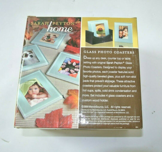 NEW Sarah Peyton Home Set of 4 GLASS PHOTO COASTERS with Wooden Holder 2x3 NIB