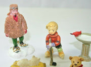 5 Pieces Assorted Christmas Village Figurines Bird Bath Snowshoer Hockey Cat