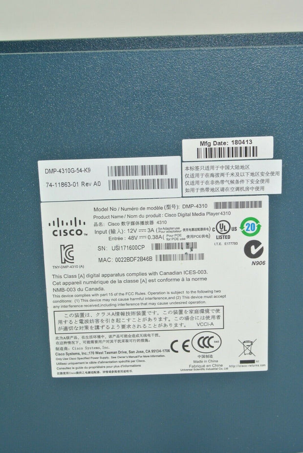 Cisco Digital Media Player 4310 DMP-4310G-54-K9 Digital Signage Multimedia w/ AC