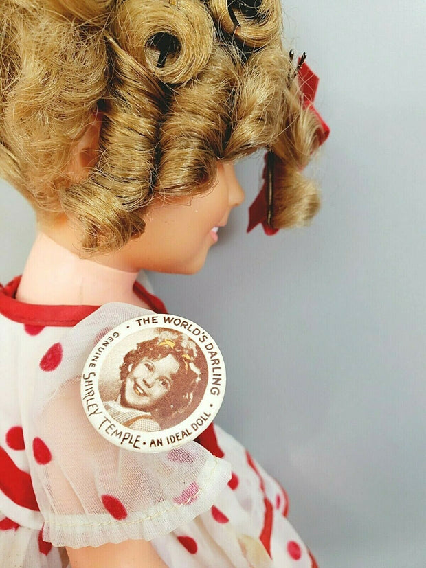 Vintage Shirley Temple Doll + The world's Darling Ideal Doll Pin, Polka 16.5"