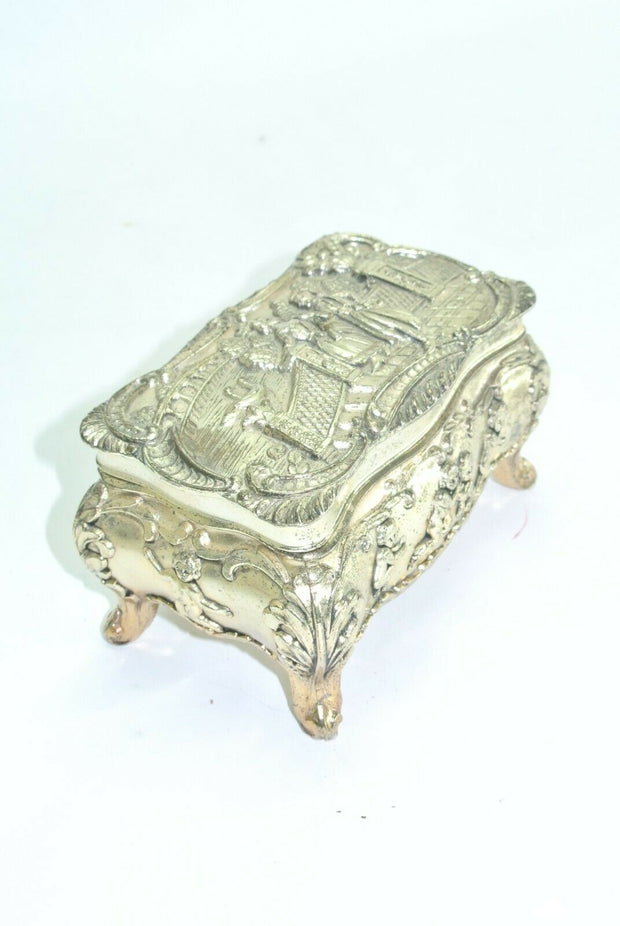 Vintage Miniature Pewter Jewelry Trinket Stash Box w/ Red Velvet Lining