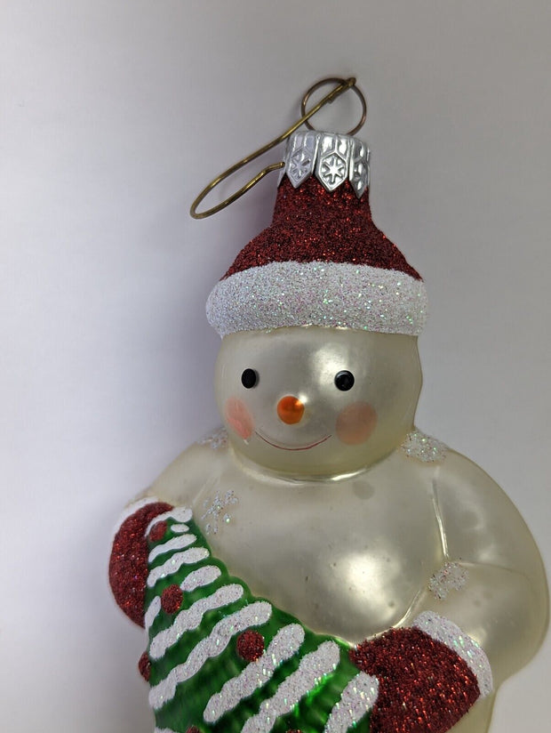 Glass Christmas Ornament, Snowman Holding Christmas Tree Red Glitter 4.5" Tall