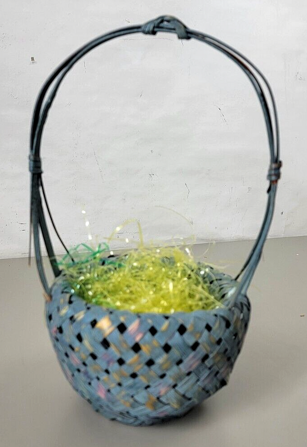 Vintage Bamboo Basket, Easter Colors, Teal, Nice! 10" Tall 5.5"Wide Painted,