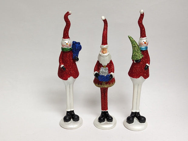 Set of 3 Christmas Pencil Thin Figurines, 1x Santa 2x Snowmen, 7" Tall