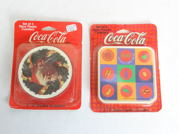 Lot of 2 4pc Vintage Coca Cola Coke 4" Plastic Deco Coaster Sets Santa & Always