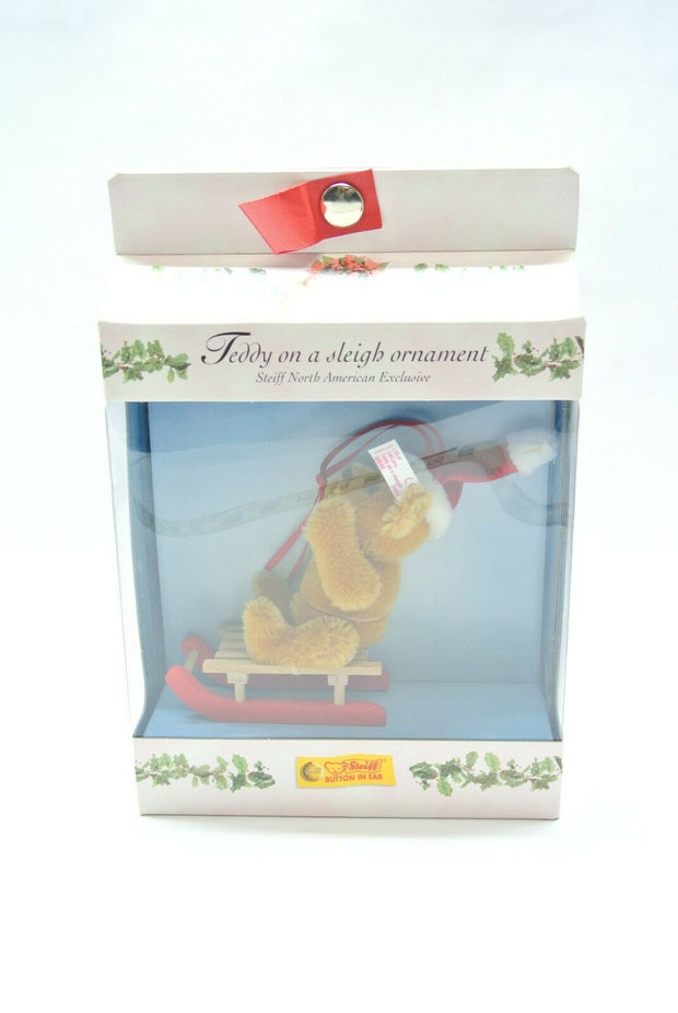 Steiff Teddy on a Sleigh Ornament 667084 in Box 2003 North American Exclusive