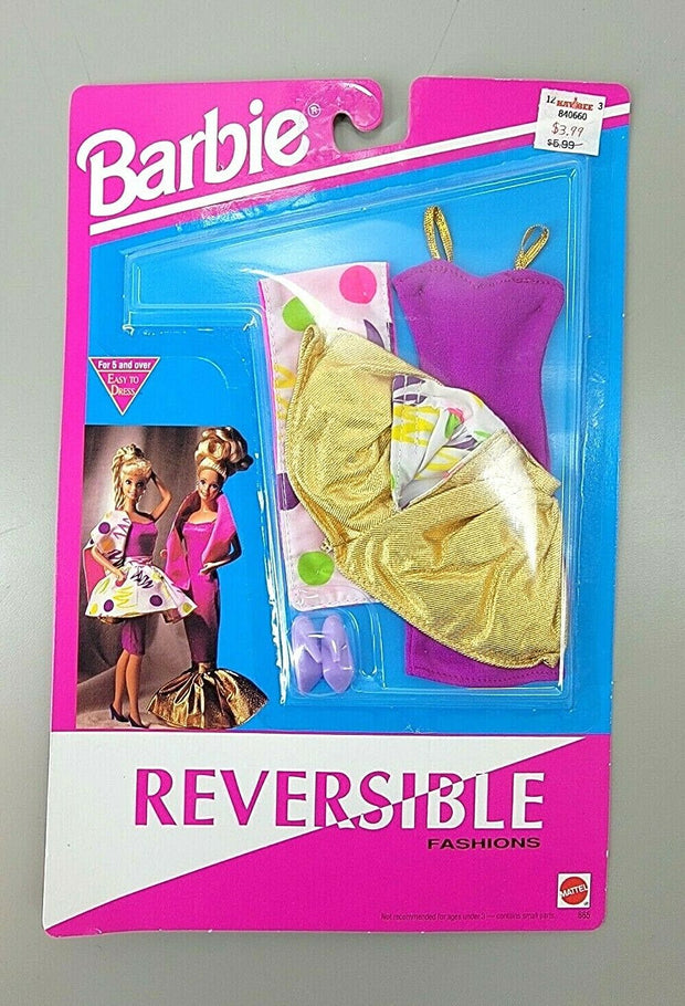 Vintage Barbie Reversible Fashions 865 Purple Polka Dot Dress Gold + Shoes NRFB