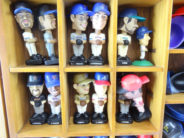 Vintage Wooden Baseball Display, Assorted Mini Bobbleheads & Hats 16" x 12" x 3"
