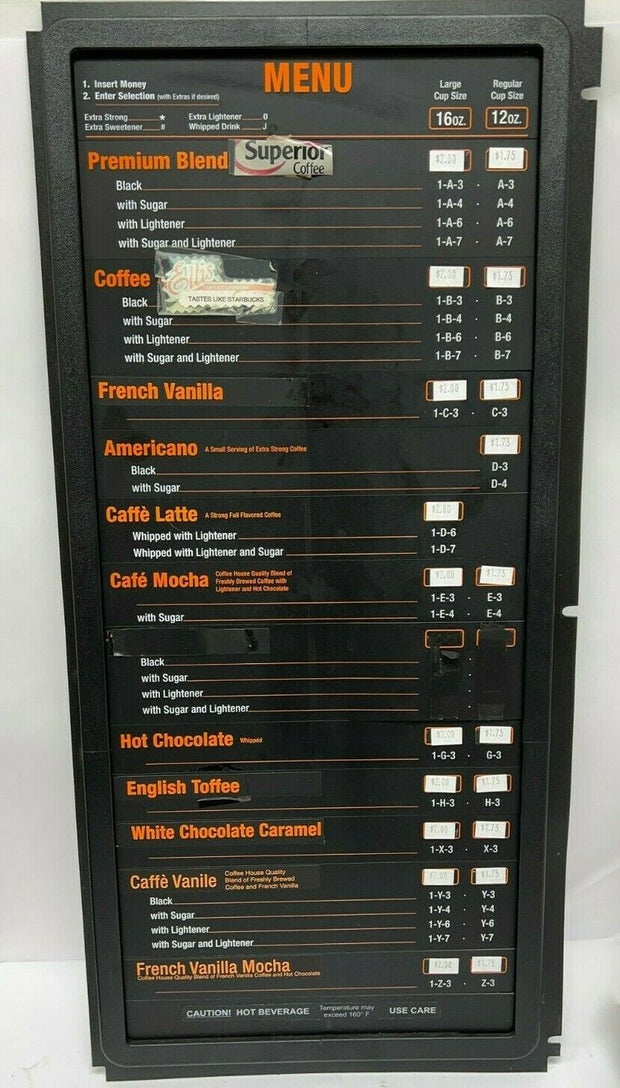 Menu Display w/ Stickers National/Crane Beverage Vending Machines