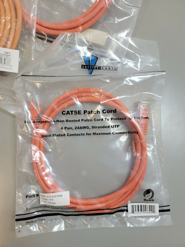 Lot 7 5ft Cat5e Patch Cords RJ45 Mold Injection Non Booted, 24AWG UTP