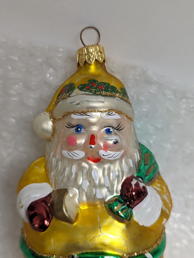 Kurt Adler Polonaise Glass Santa Christmas Ornament Gold Santa Green Belt