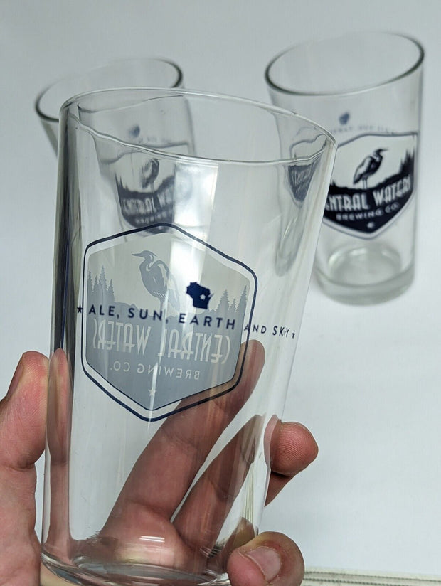 Central Waters Brewing Co. Amherst WI Pint Beer Glass Blue Logo - Set of 3