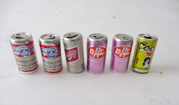 Lot of 6 Miniature Novelty Doll House Soda Beer Cans Chlitz Dr Pepper Coors