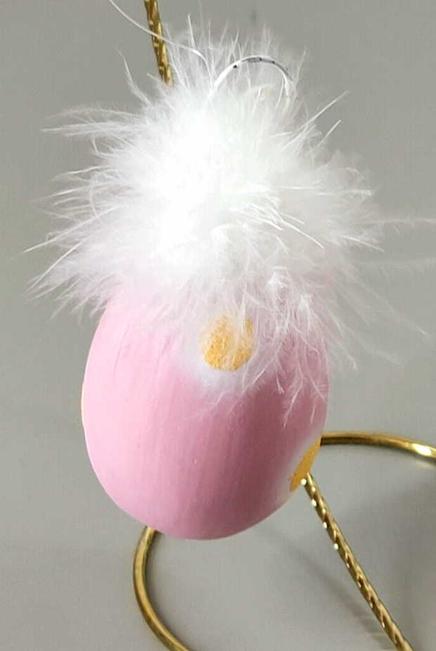 Decorative Egg Ornament, Hand Made Hand Painted, Pink & Glitter Dots, Feathers
