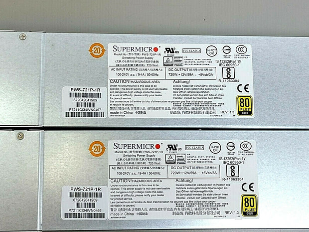 IPair (Lot of 2) Supermicro PWS-721P-1R 720W Redundant Power Supply 80+ Gold