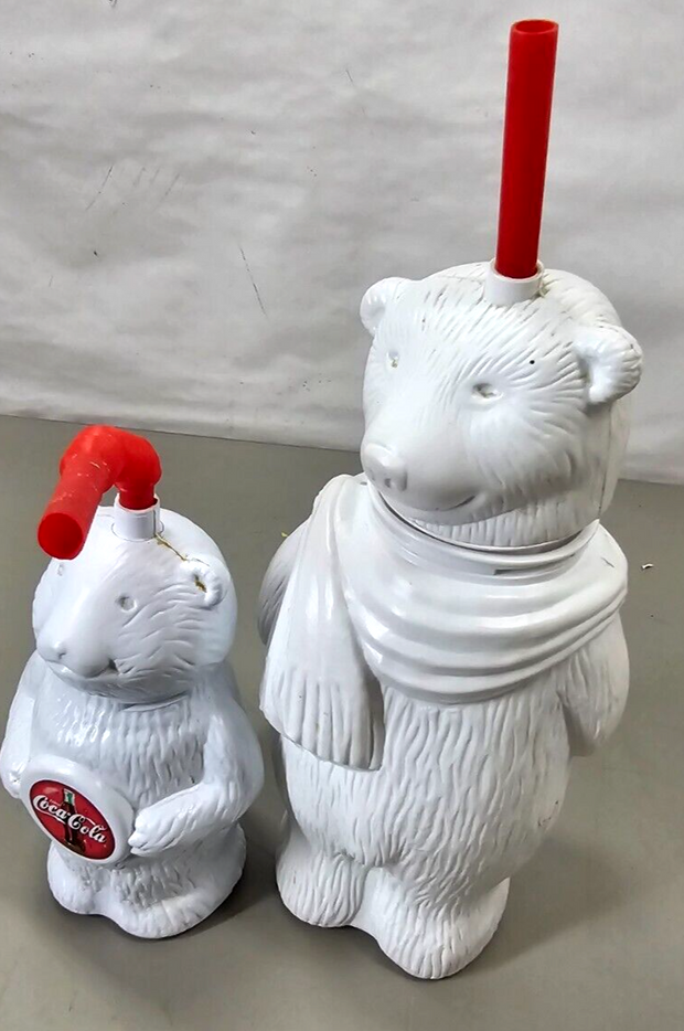 Pair Vintage Coca Cola Polar Bears Drinking Containers With Straws Big & Small