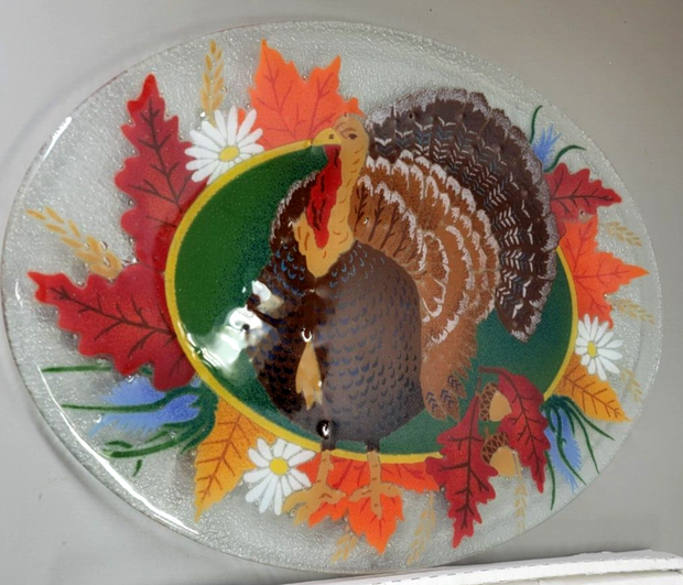 Peggy Karr 18" Turkey Oval Hand Painted Fused Art Glass Plate Dish, New Old Stoc