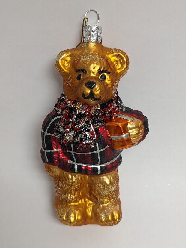 Waterford Holiday Heirlooms 4.5" Plaid Teddy Bear Glass Ornament Glitter Czech