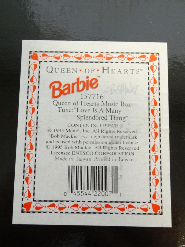 1995 Vintage Mattel/Enesco Barbie Queen Of Hearts Bob Mackie Musical Jewelry Box