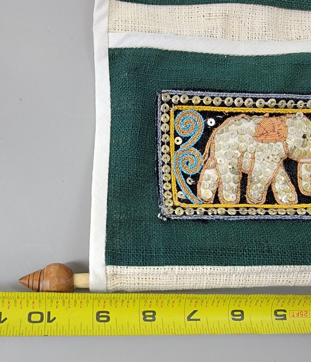 Burmese Wall Hanging Sequin Bejeweled Tapestry w/ Elegant Elephants, Pockets