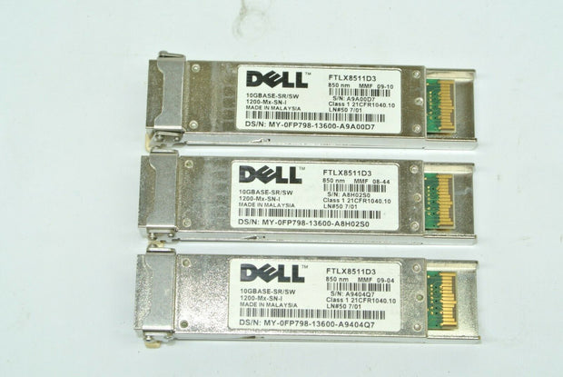 Qty 3 Dell 10GBASE-SR/SW Optical Transceivers 1200-Mx-SN-I FTLX8511D3 0FP798