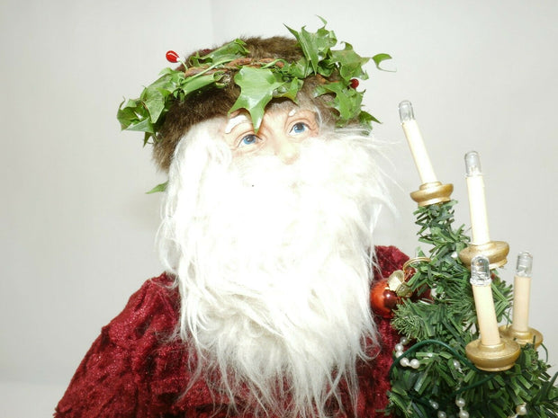 St. Nicholas Santa Claus 14" Figurine w/ Holly Crown, Light Up Tree